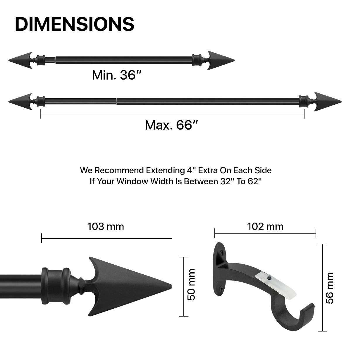Extendable Black Metal Curtain Pole with Arrow Finial - 36-66" and 66-120" - Rustproof-4