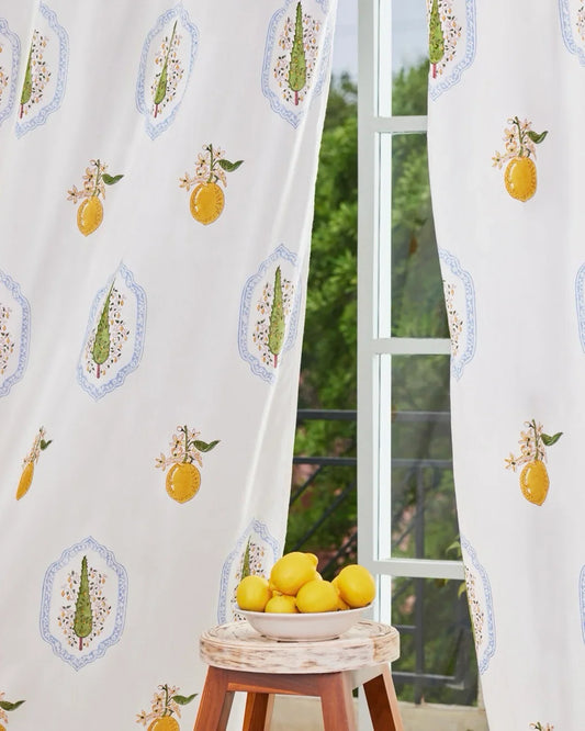 Summer Linen Curtains | Hand Block Printed Citrus Design | Standard & Custom Sizing-0