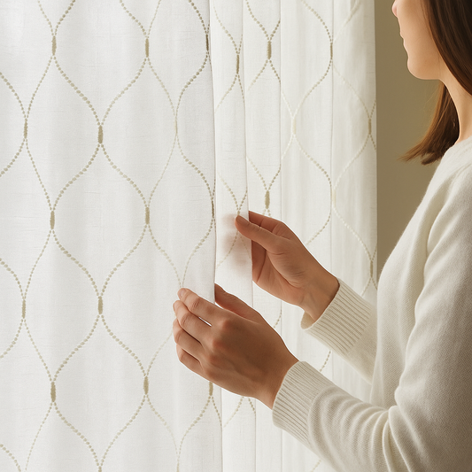 Elegant Sheer Privacy Curtain – Soft Linen Look, Embroidered Trellis Design – Custom Sizes, 4 Heading Styles – OEKO-TEX Certified-0