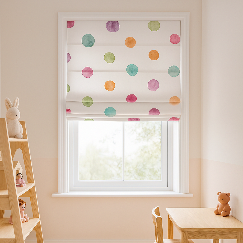 Multicolour Polka-Dot Pure Linen Roman Blind – Made-to-Measure Kids & Nursery | Light-Filter or Blackout-0
