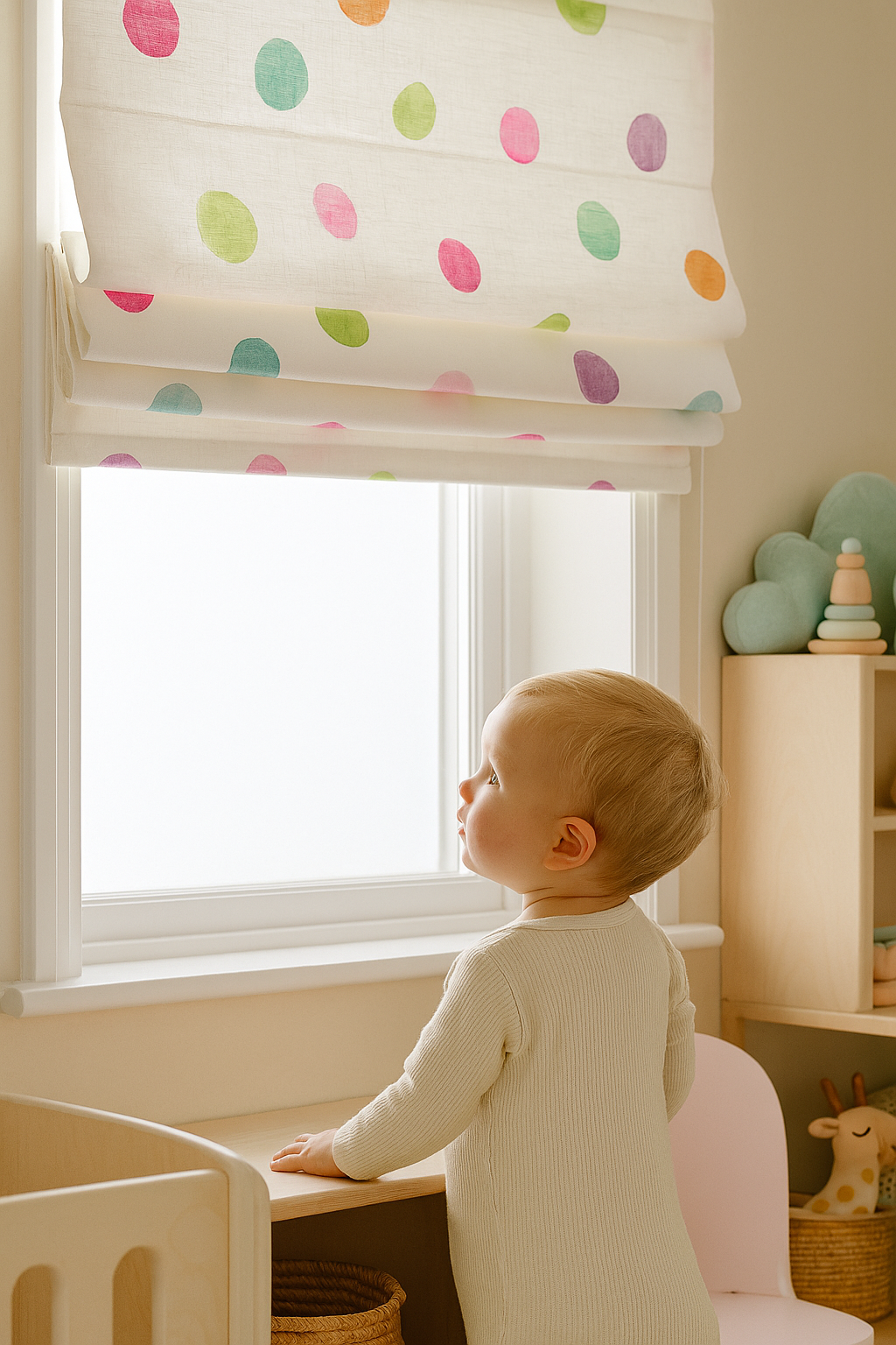 Multicolour Polka-Dot Pure Linen Roman Blind – Made-to-Measure Kids & Nursery | Light-Filter or Blackout-2