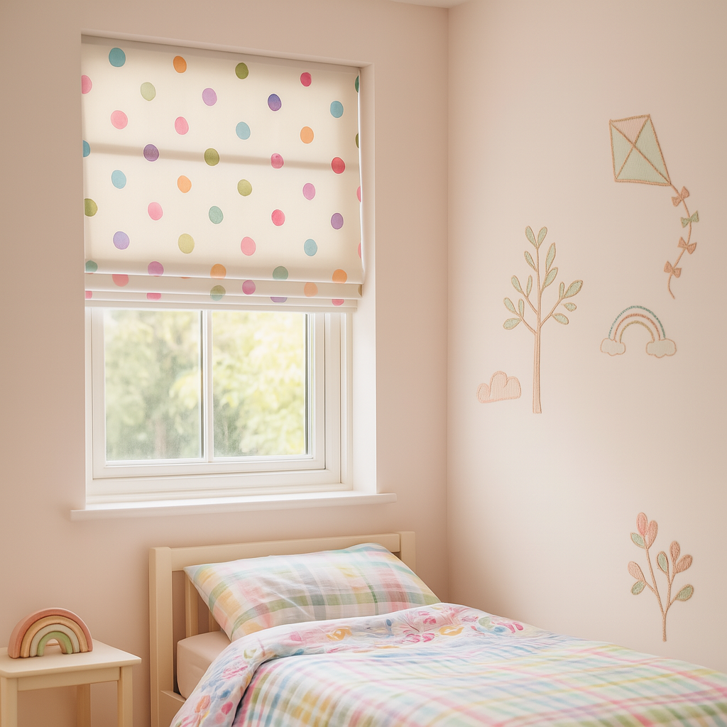 Multicolour Polka-Dot Pure Linen Roman Blind – Made-to-Measure Kids & Nursery | Light-Filter or Blackout-3