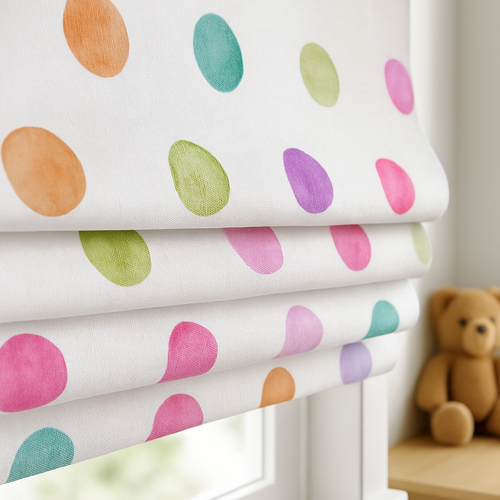 Multicolour Polka-Dot Pure Linen Roman Blind – Made-to-Measure Kids & Nursery | Light-Filter or Blackout-1