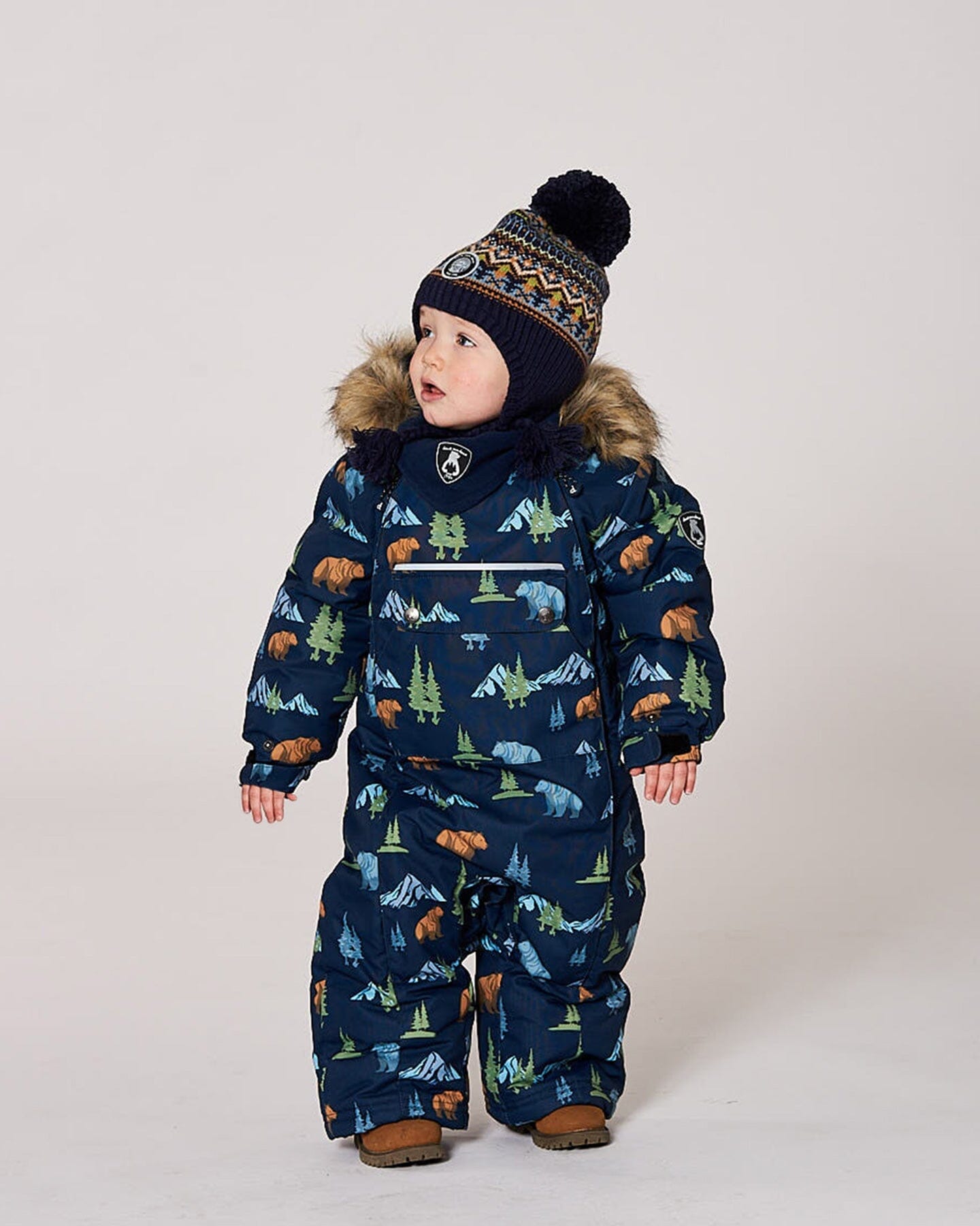 One-Piece Baby Play Snowsuit Designed For Car Seat Navy Animal Print-1