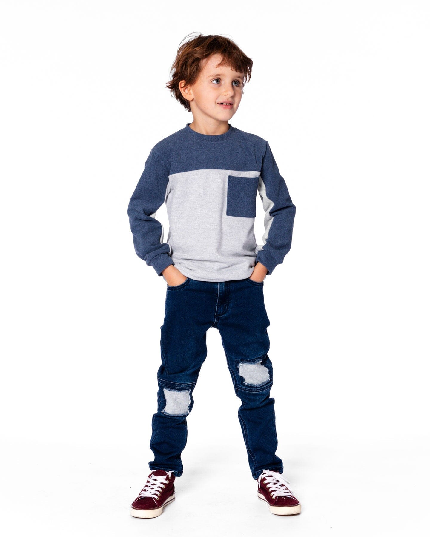 Long Sleeve Super Soft Brushed Jersey Top Color Block Light Heather Gray-4