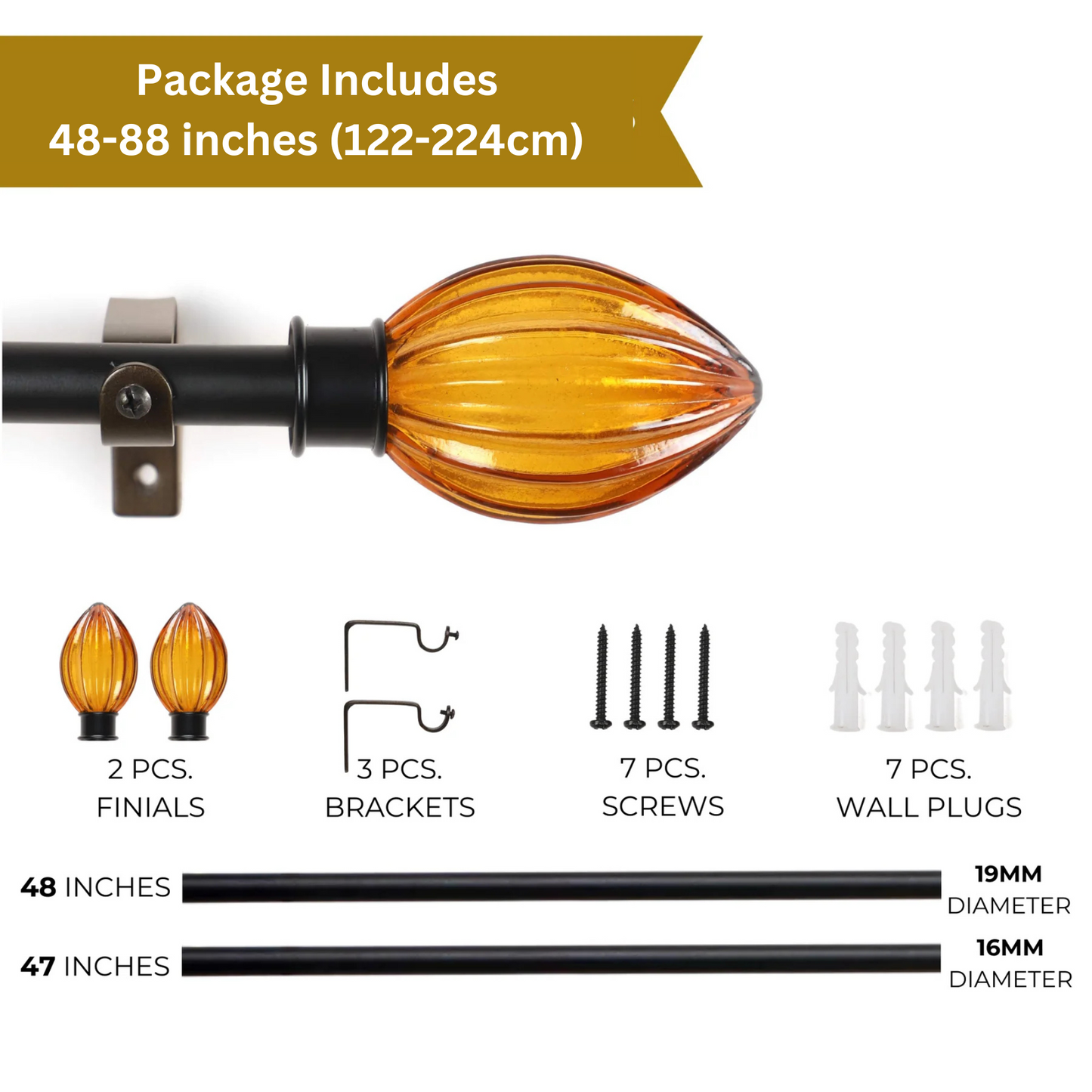 Black Extendable Curtain Pole | Urn-Shaped Wooden Finials | 61-366cm-3