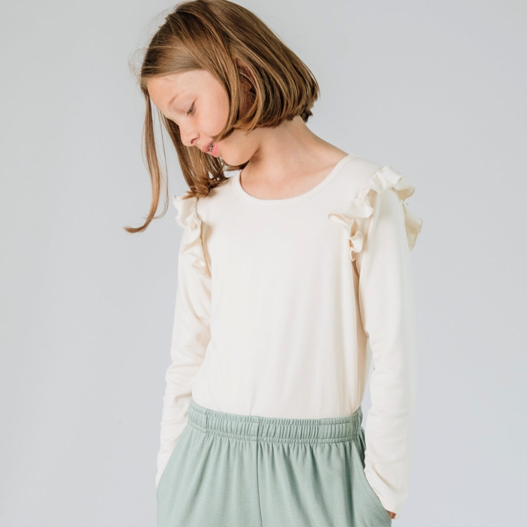 Youth Bamboo Ruffle Shoulder Long Sleeve Shirt-0
