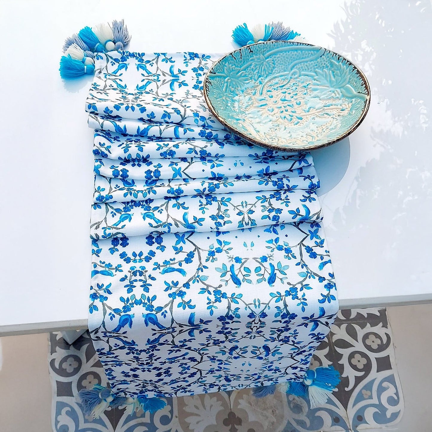 Blue Chinoiserie Table Runner | Linen | Tassels | 92-305cm-1
