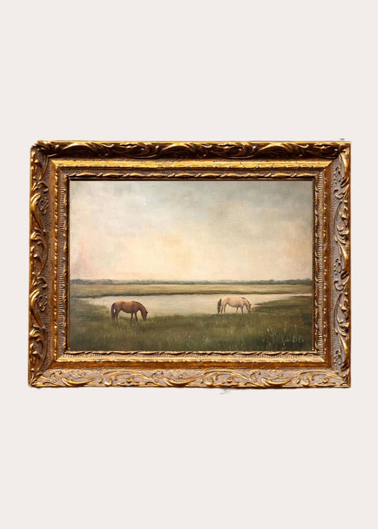 Grazing Horses | French Brass Gold Mould Framed Art – 8” x 10”
