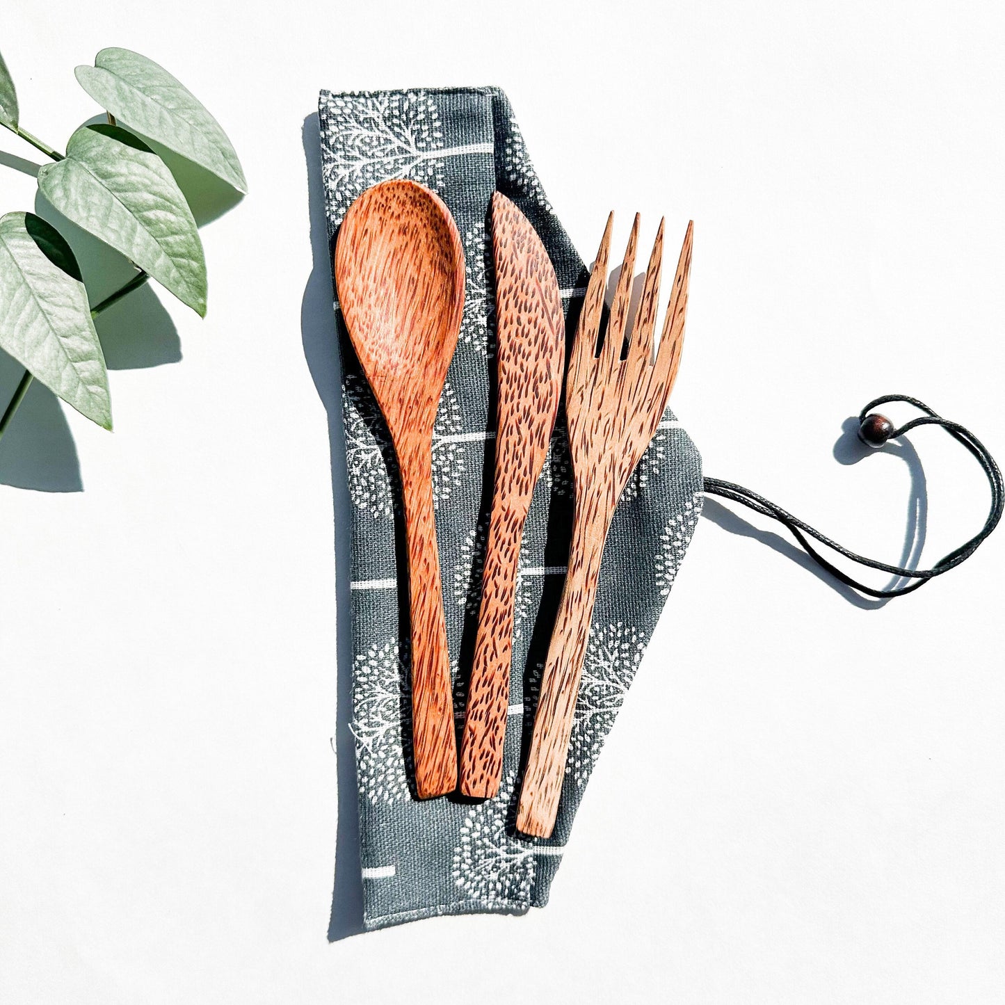 Reusable Natural Coconut Wood Cutlery set - Plastic Free Sustainable Camping Picnics Office & Lunch Box - Zero Waste Biodegradable Flatware