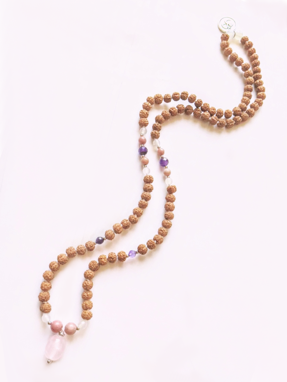 Rose Quartz, Amethyst, Moonstone, Rhodochrosite Stone - Love Mala Necklace-3