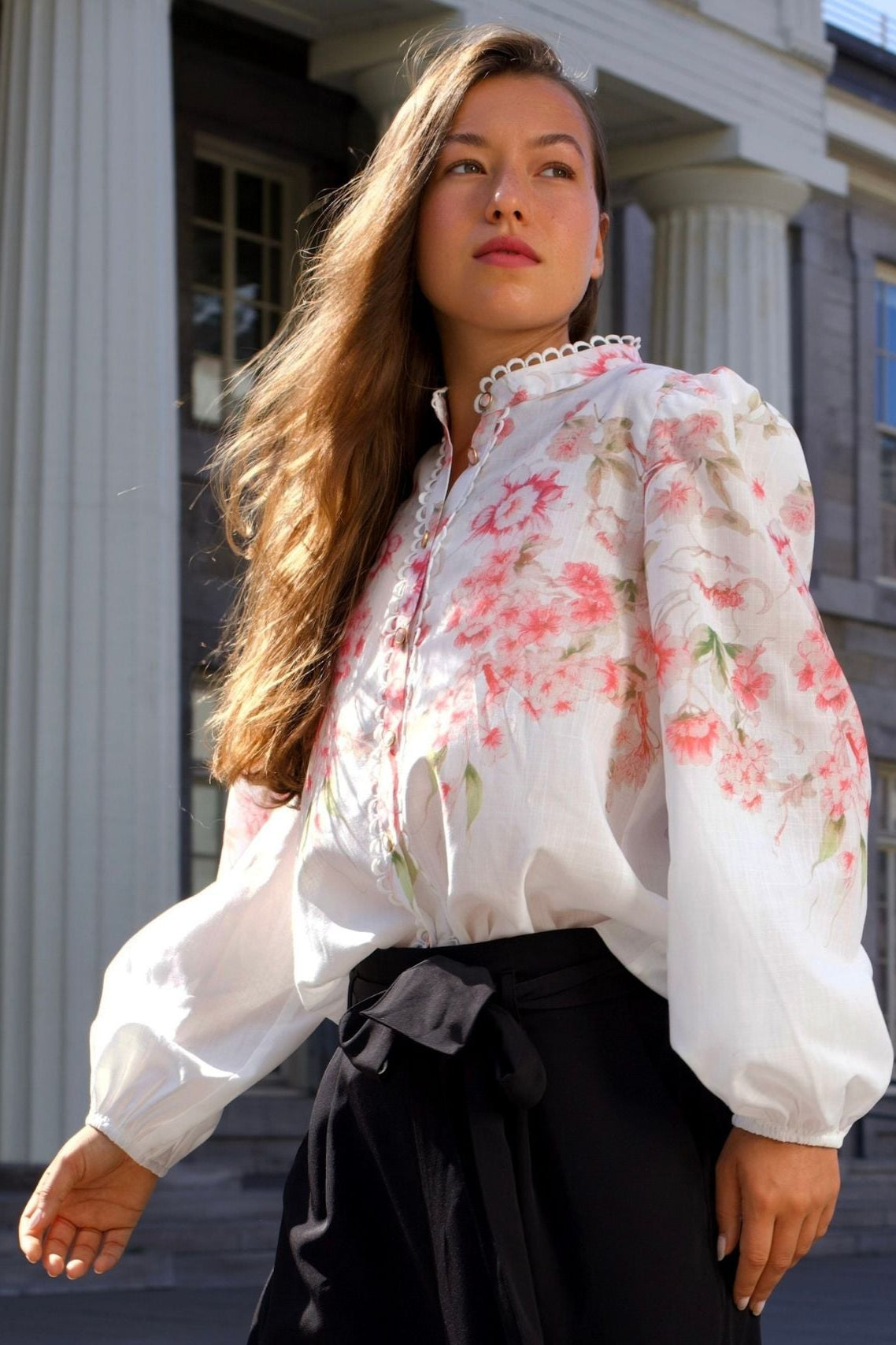 Celeste Women's Floral White Blouse Decorative Front Trim-4