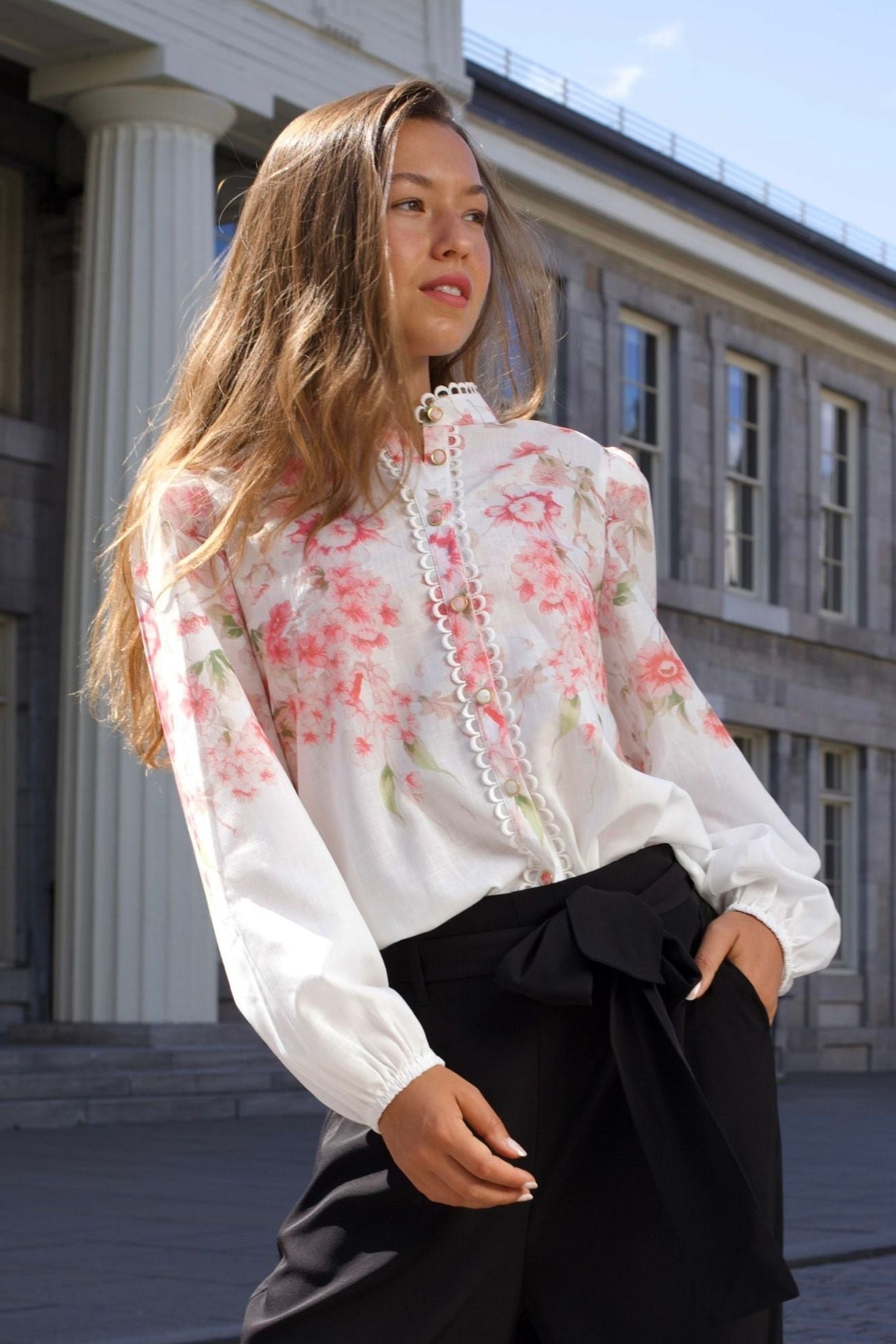 Celeste Women's Floral White Blouse Decorative Front Trim-2