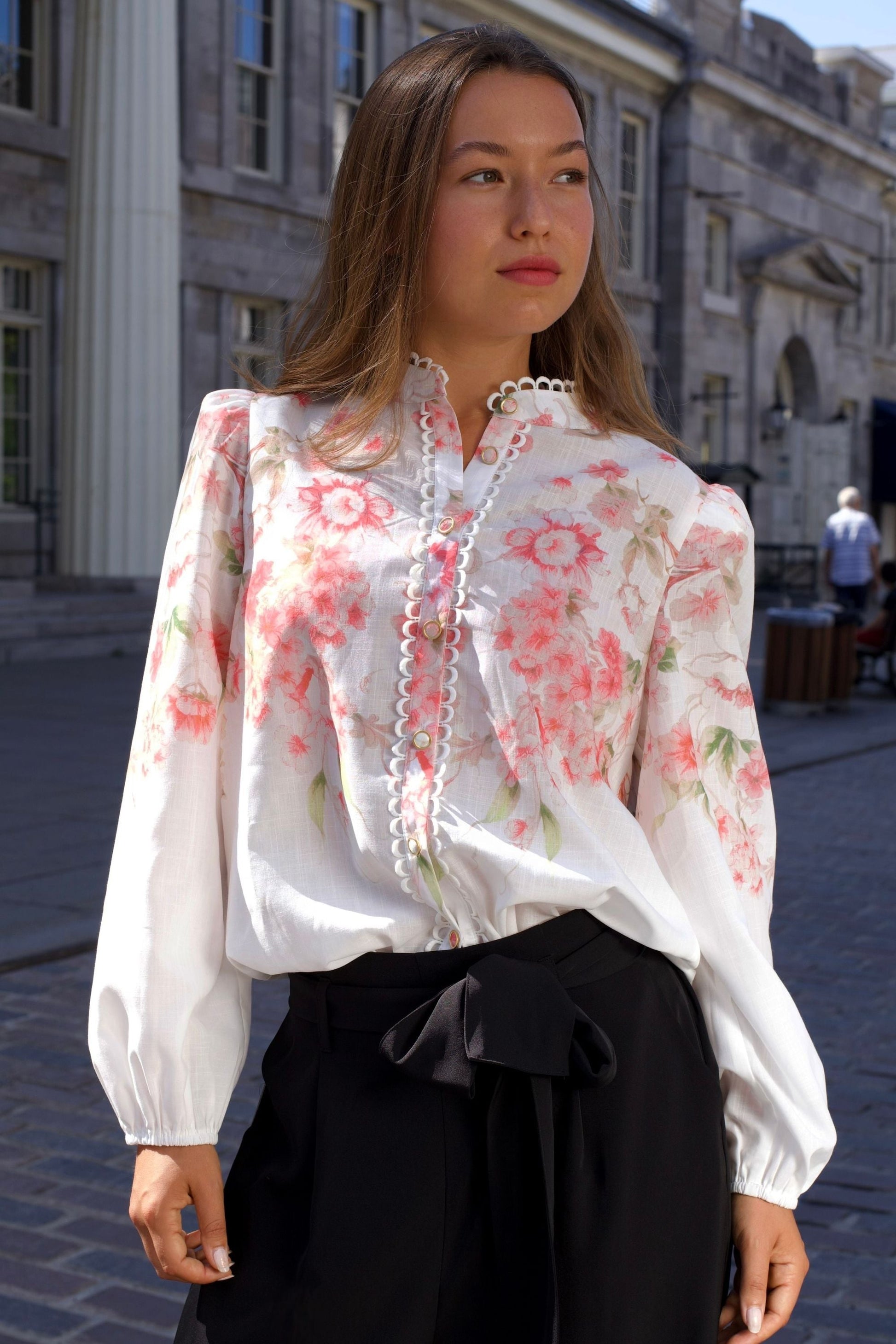 Celeste Women's Floral White Blouse Decorative Front Trim-3