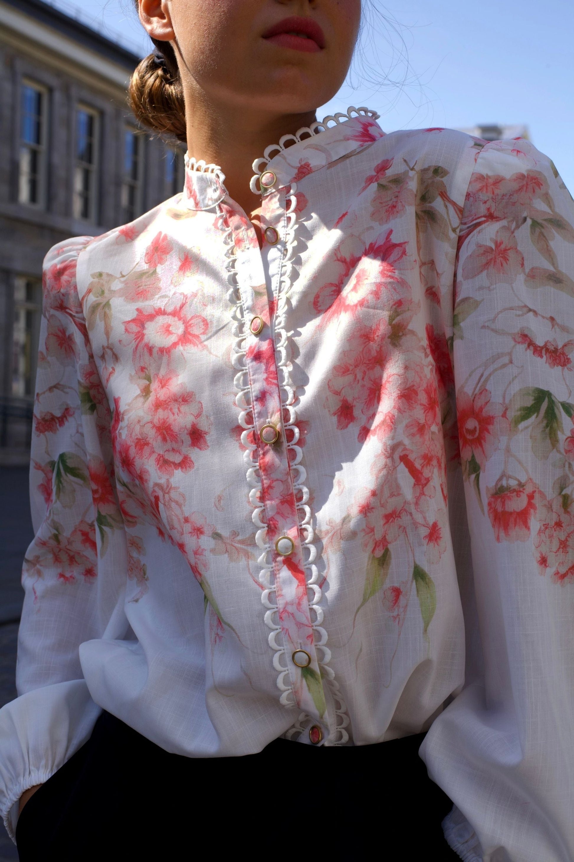 Celeste Women's Floral White Blouse Decorative Front Trim-1