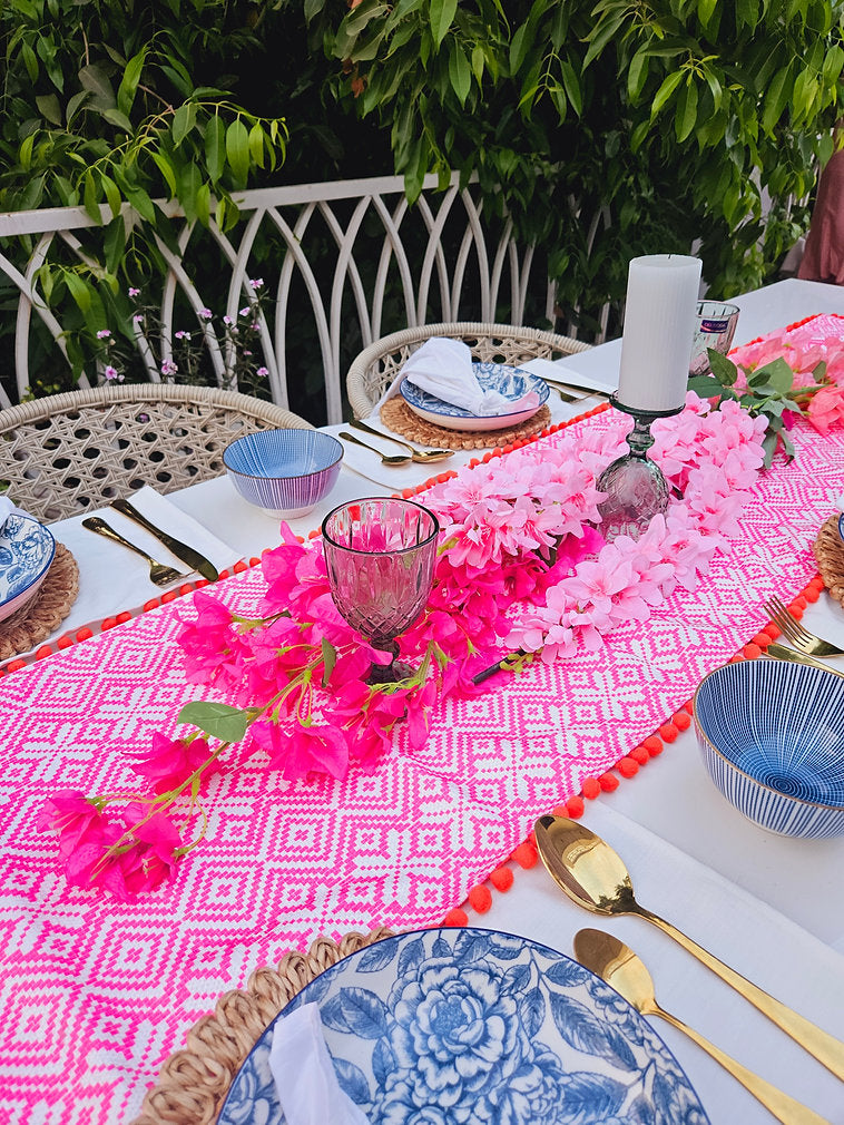 Organic Cotton Table Runner | Aztec Geometric Pattern | Pom Pom Trim | 92-305cm-1
