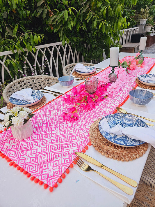 Organic Cotton Table Runner | Aztec Geometric Pattern | Pom Pom Trim | 92-305cm-0