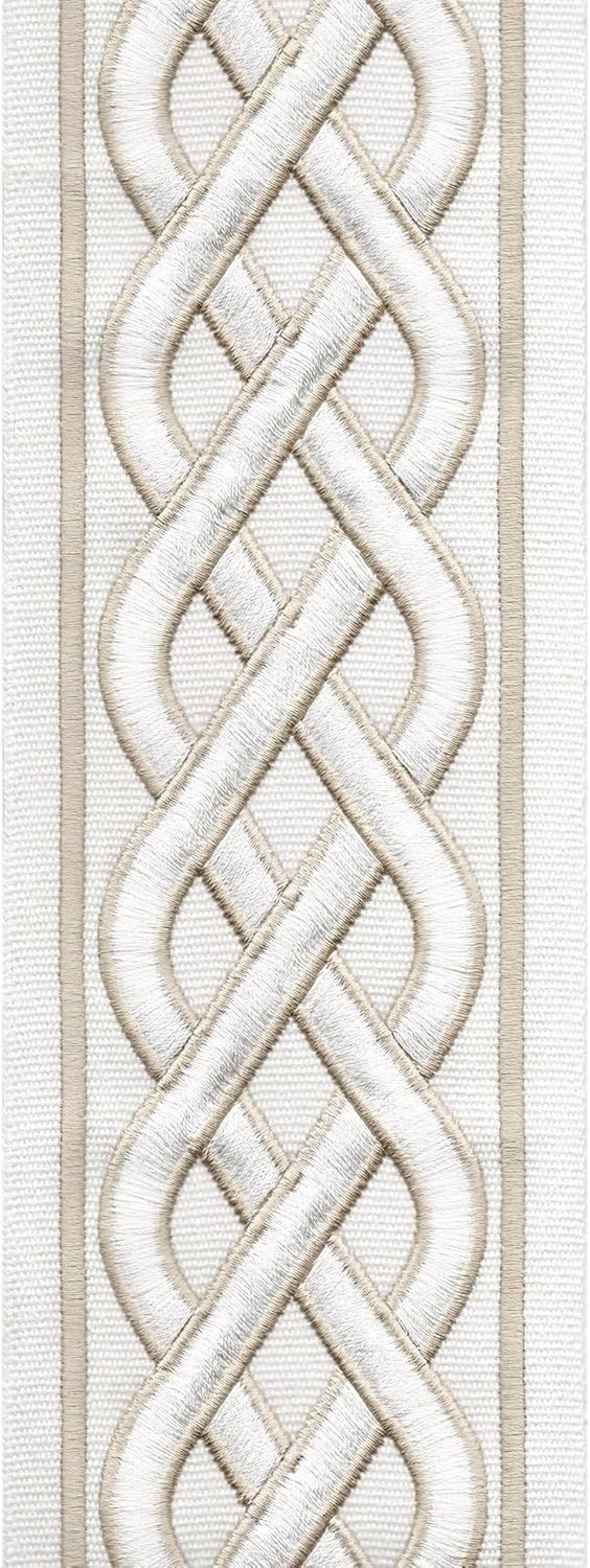 Organic Cotton Canvas Curtain Trim Border Tape - Celtic Knot Pattern - 10cm Wide - Ivory Beige/Taupe Cream/Ivory Blue - Sold by Metre UK - Continuous Piece-0