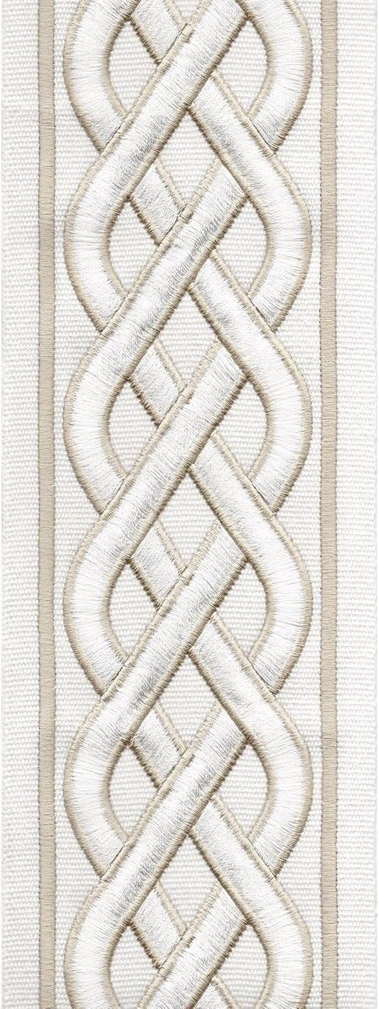 Organic Cotton Canvas Curtain Trim Border Tape - Celtic Knot Pattern - 10cm Wide - Ivory Beige/Taupe Cream/Ivory Blue - Sold by Metre UK - Continuous Piece-0