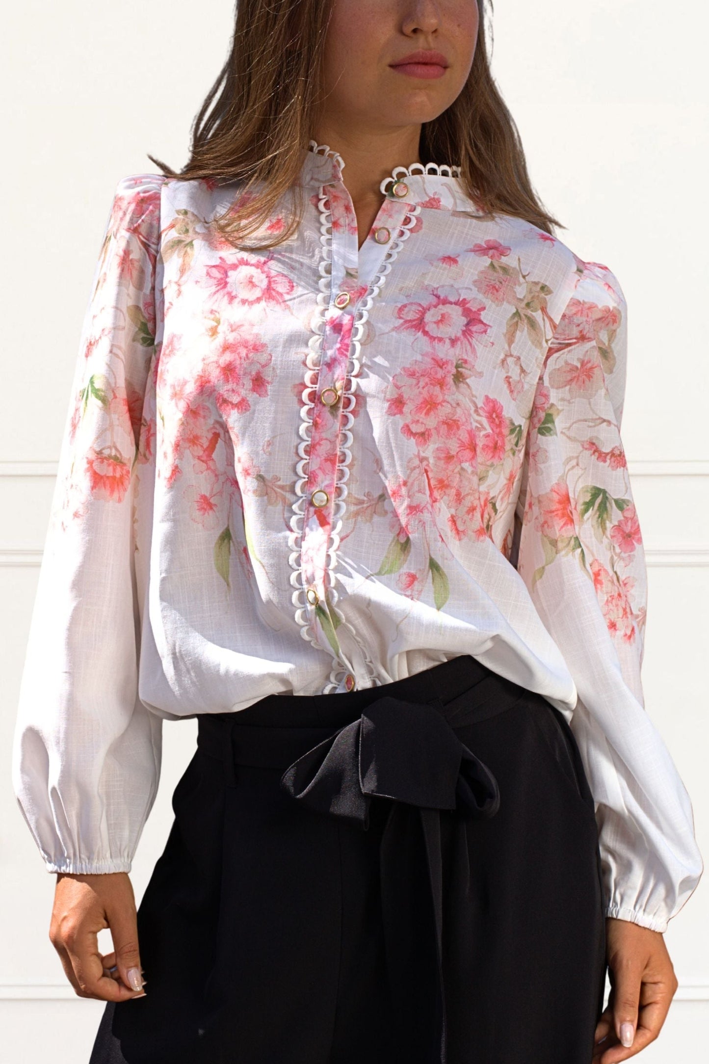 Celeste Women's Floral White Blouse Decorative Front Trim-0