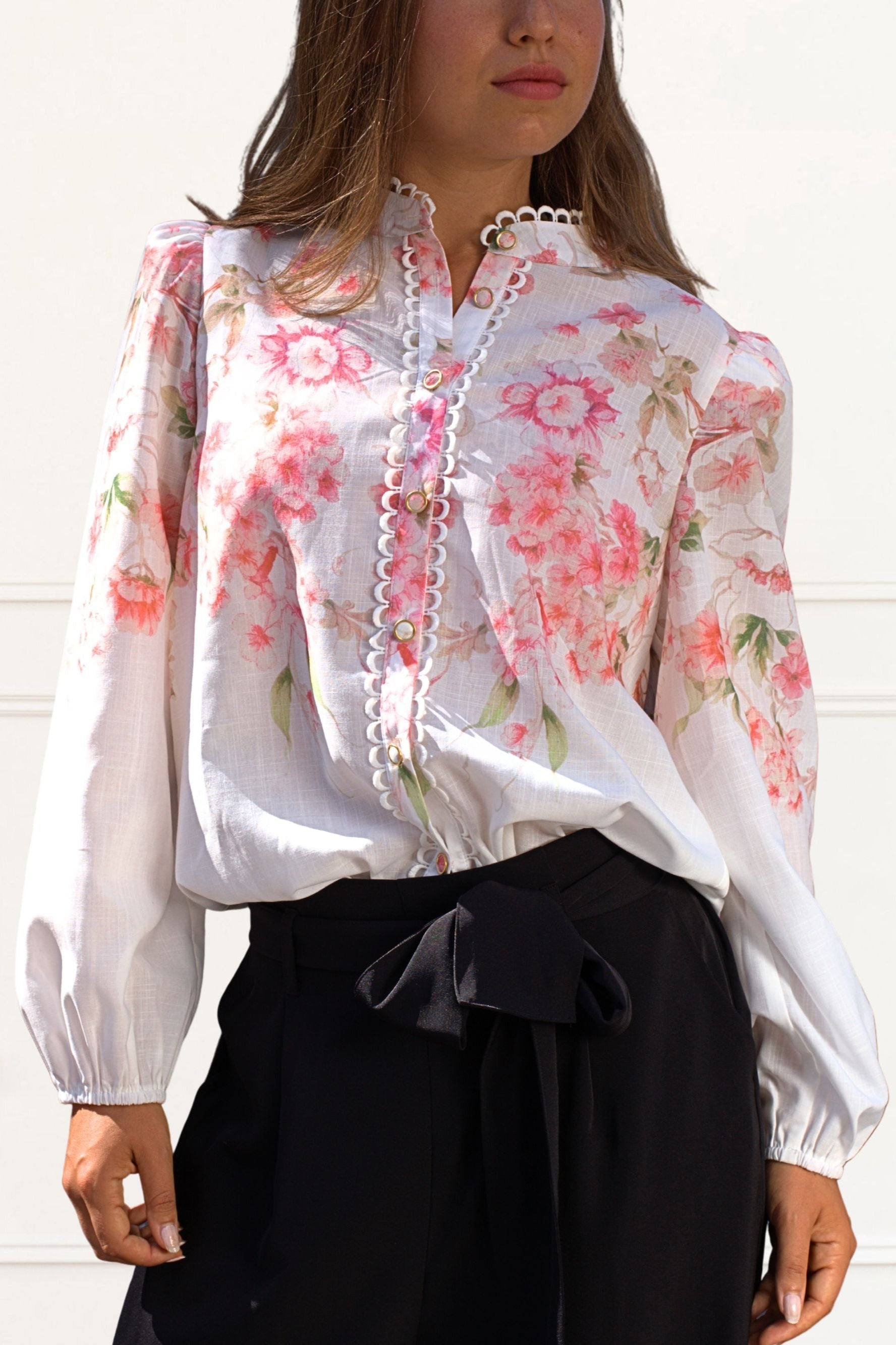 Celeste Women's Floral White Blouse Decorative Front Trim-0