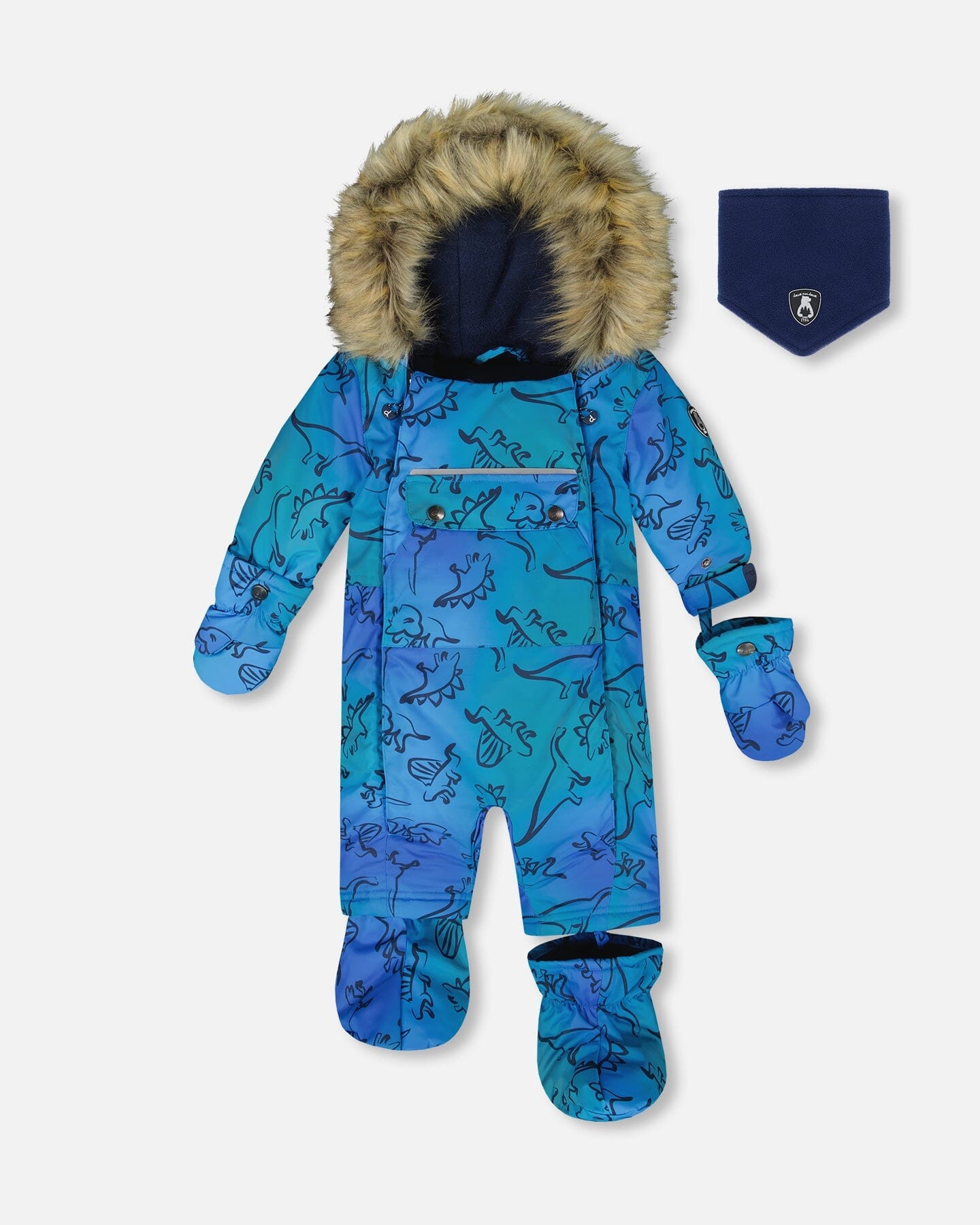 One-Piece Baby Play Snowsuit Designed For Car Seat Blue Gradient Dinosaur Print-0