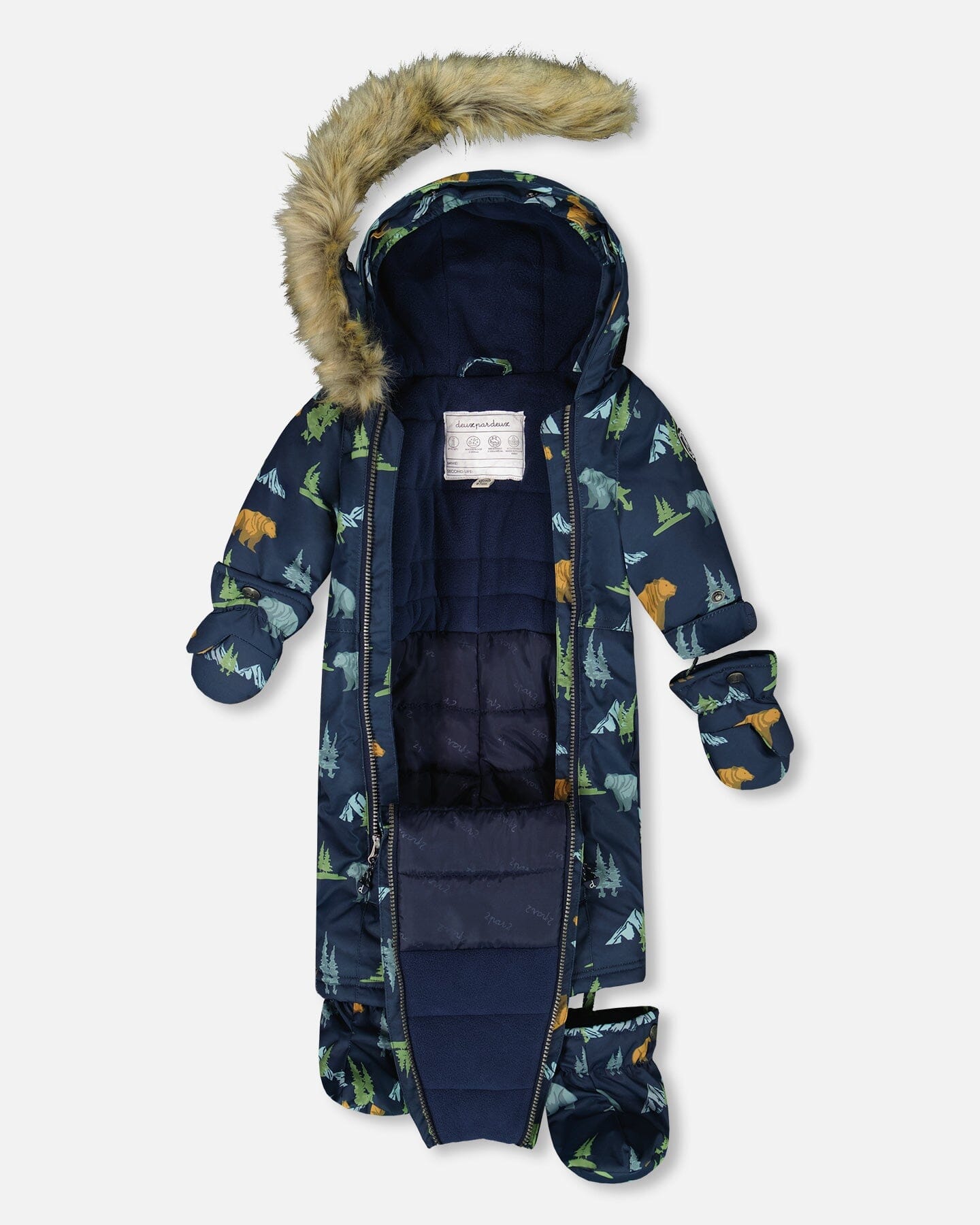 One-Piece Baby Play Snowsuit Designed For Car Seat Navy Animal Print-2