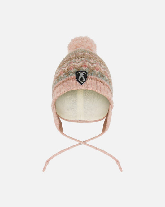 Lined Baby Knit Pompom Hat With Ear Flaps Dusty Pink-0