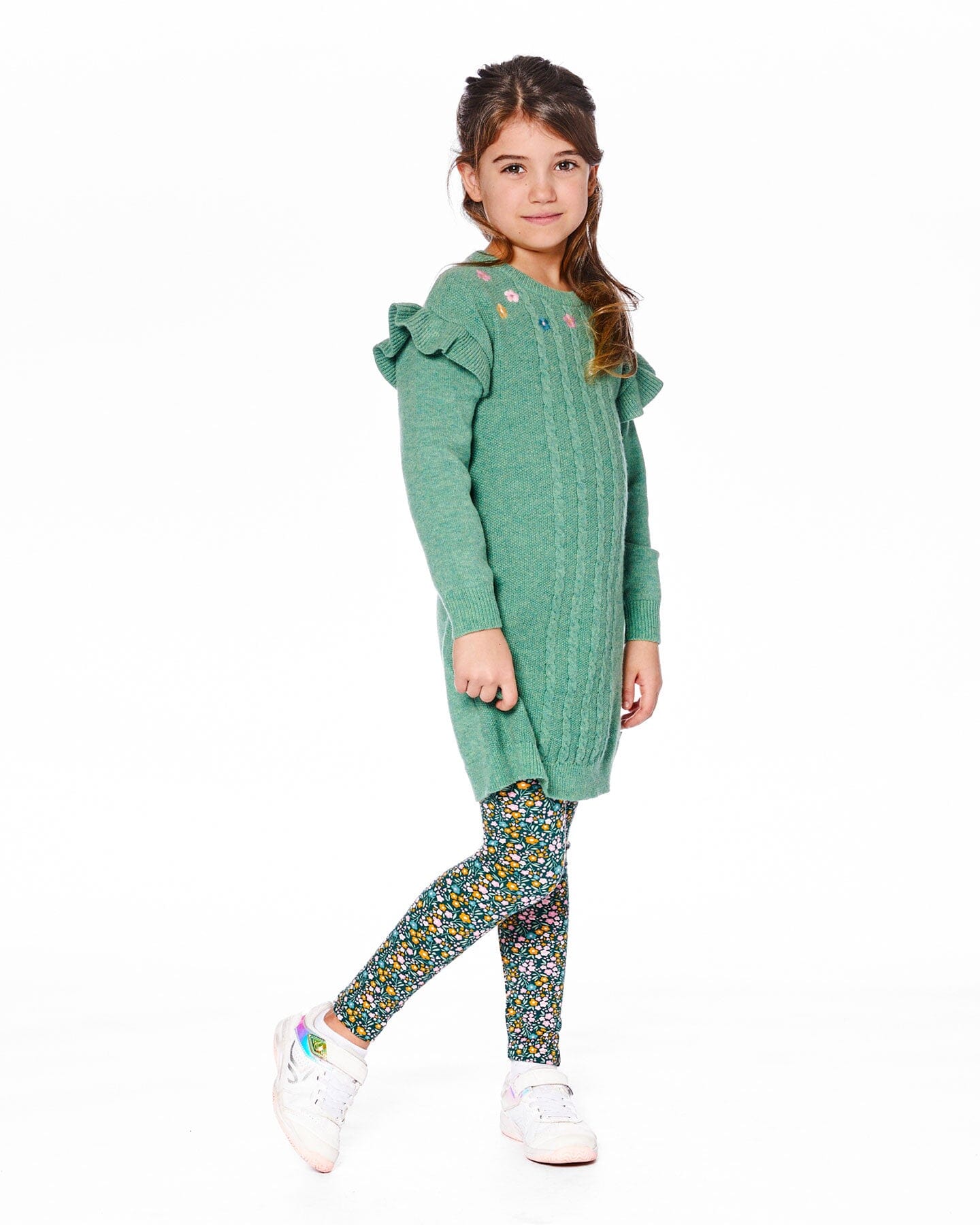 Knitted Dress Sage Green With Ruffles And Floral Embroidery-1