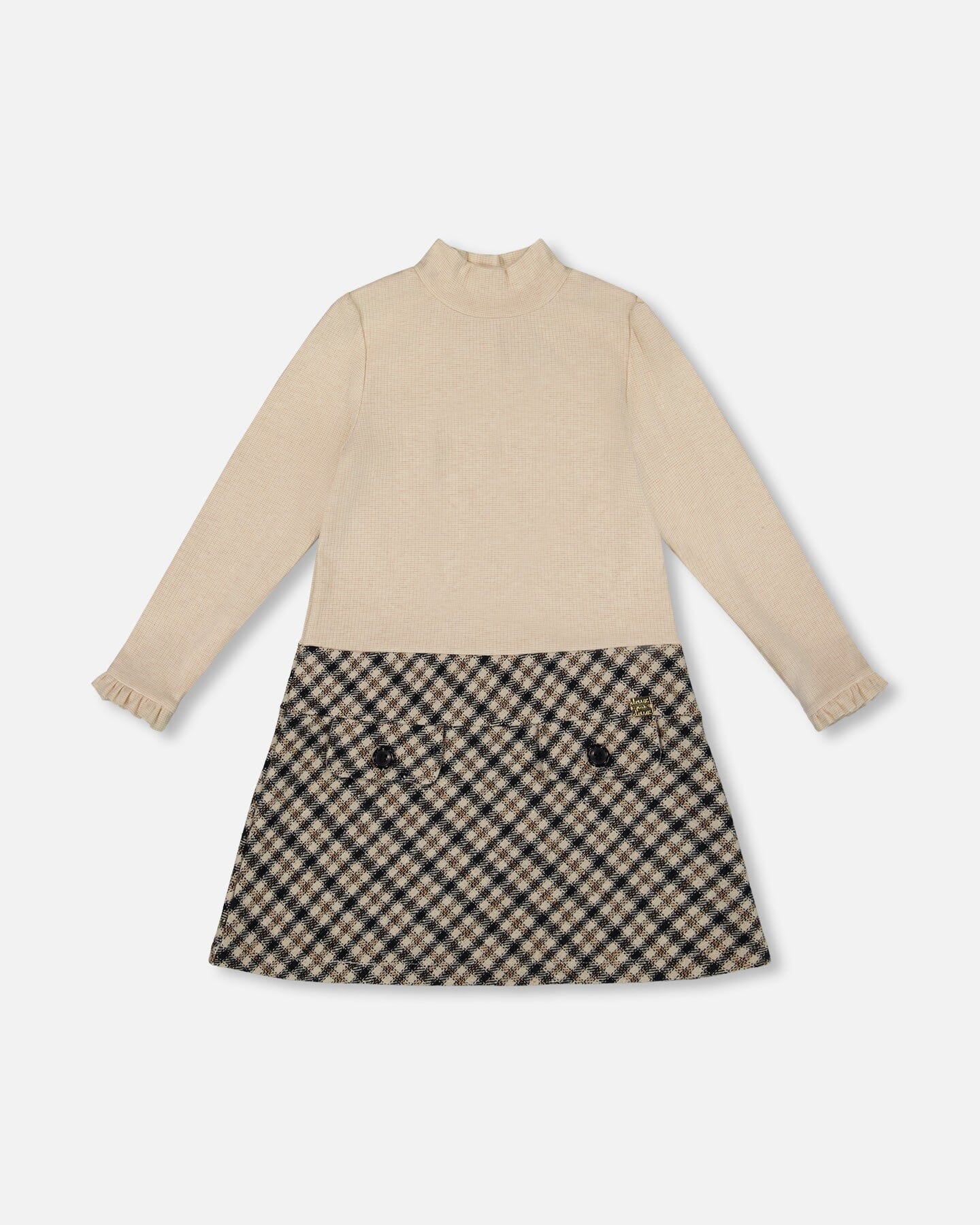 Long Sleeve Bi-Material Mock Neck Dress Beige And Plaid-0
