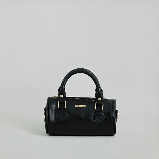 LIA - Elegant Round Mini Leather Bag with Long Strap, barrel bag - Gray & Black