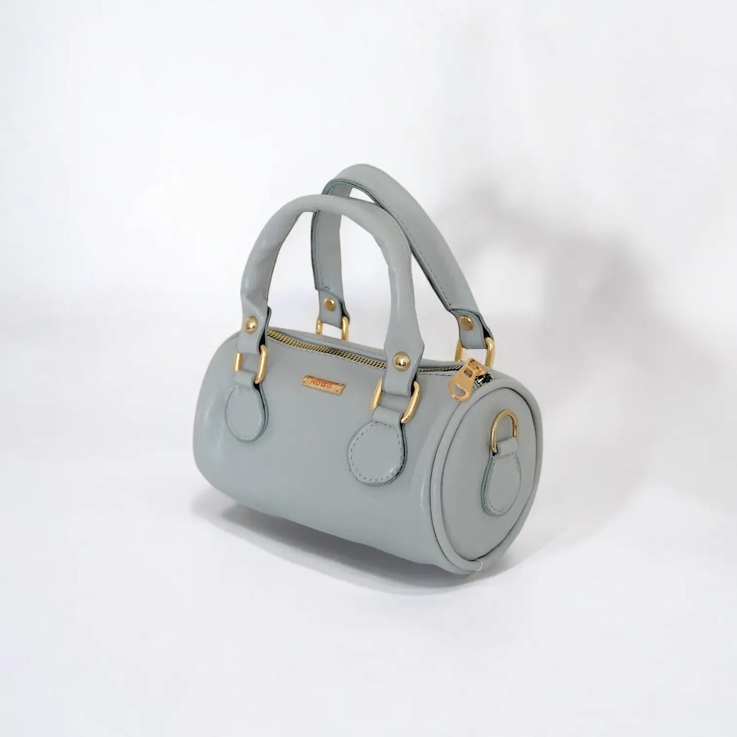 LIA - Elegant Round Mini Leather Bag with Long Strap, barrel bag - Gray & Black