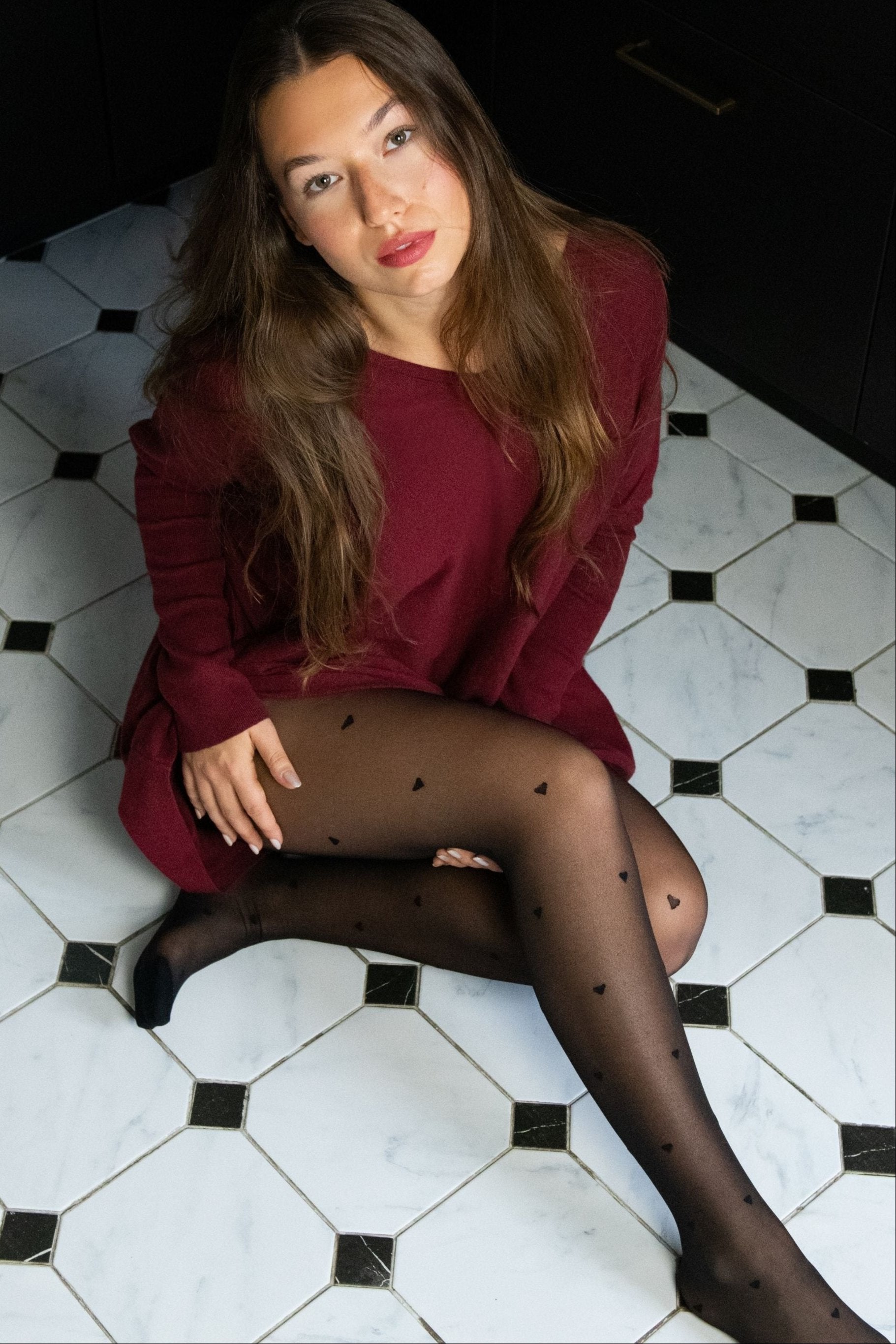 Tights Women's Sheer Black Tights – Heart Print Pantyhose, High Waist, Elegant & Sexy-1