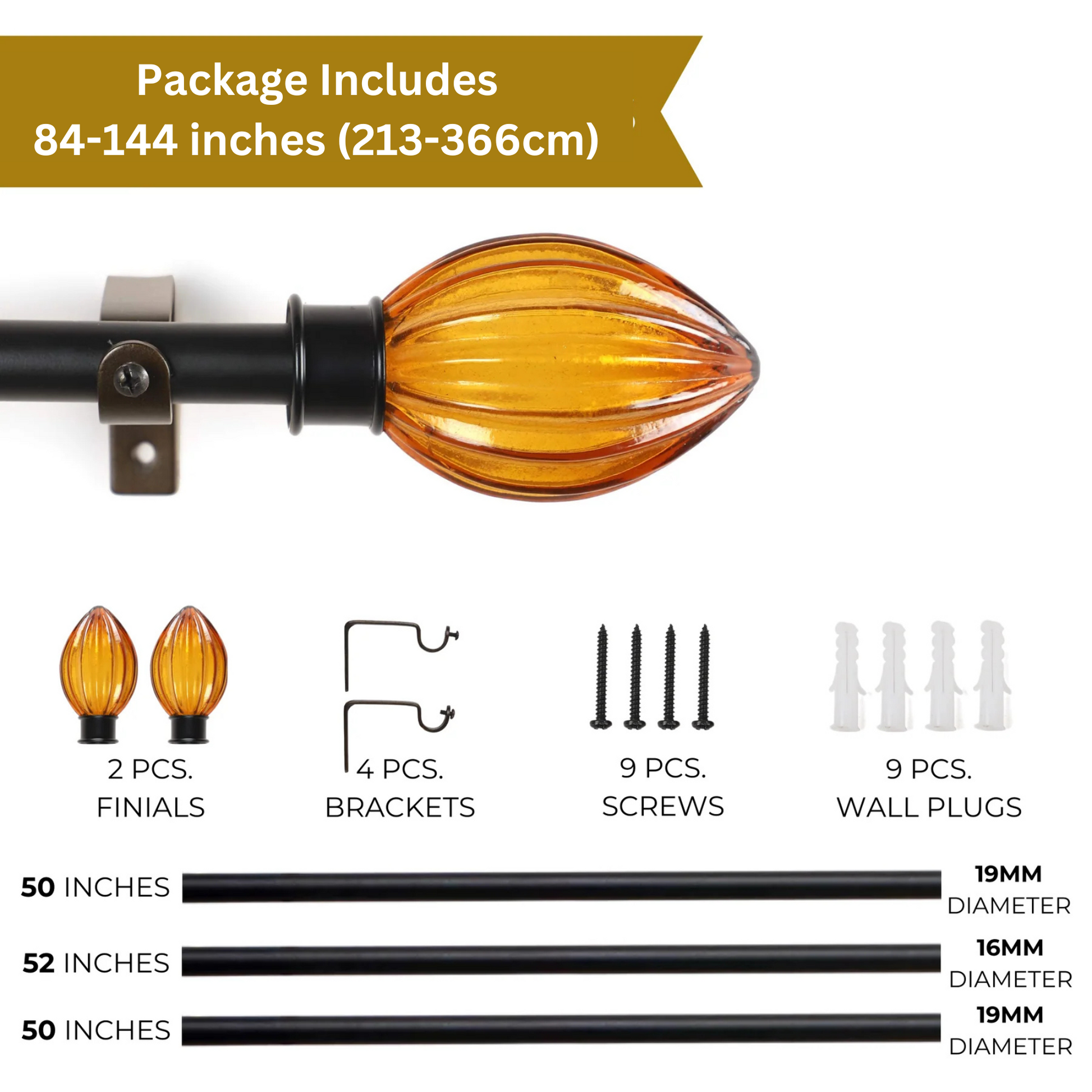 Black Extendable Curtain Pole | Urn-Shaped Wooden Finials | 61-366cm-4