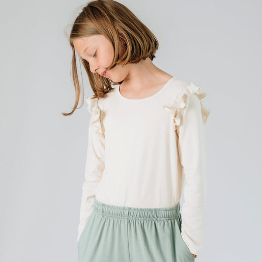 Youth Bamboo Ruffle Shoulder Long Sleeve Shirt-0