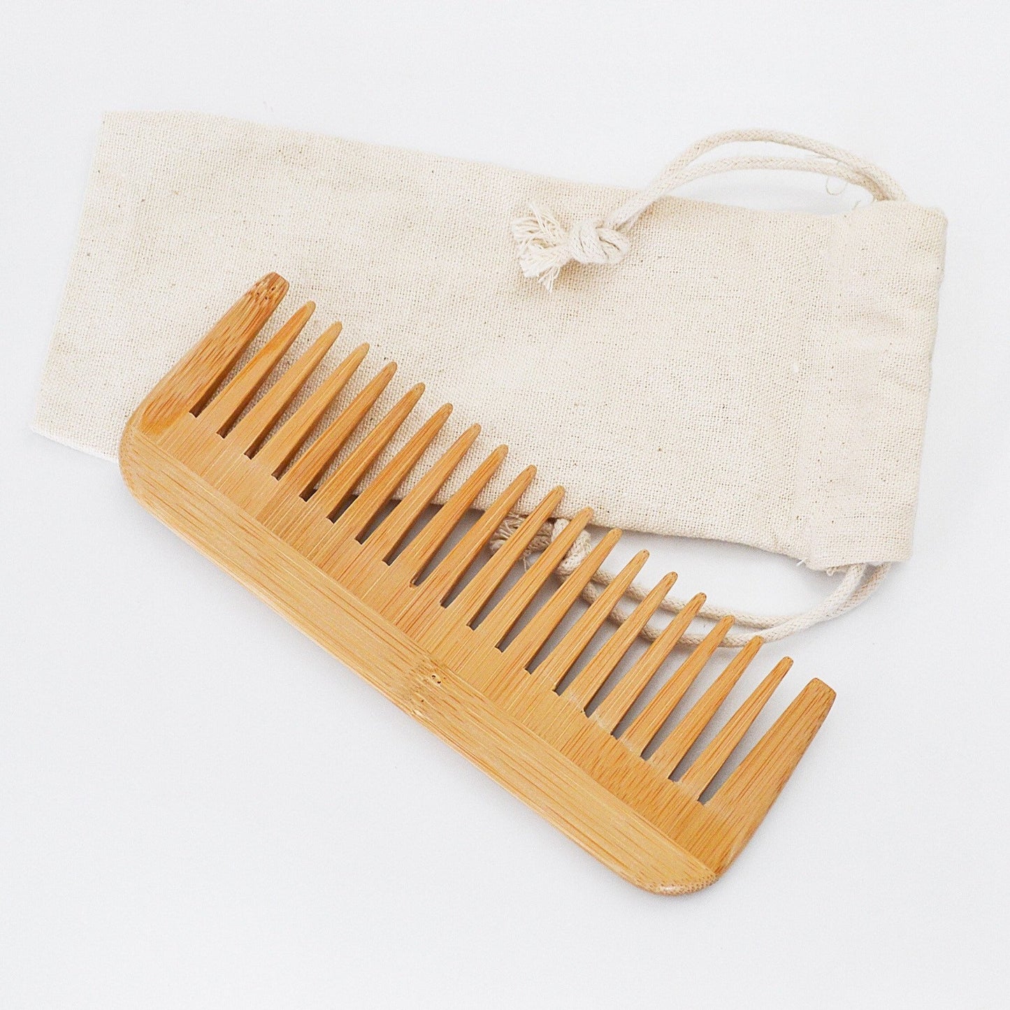 Natural Bamboo Wide Tooth Comb-Zero Waste Detangeling Comb-With Organic Cotton Pouch