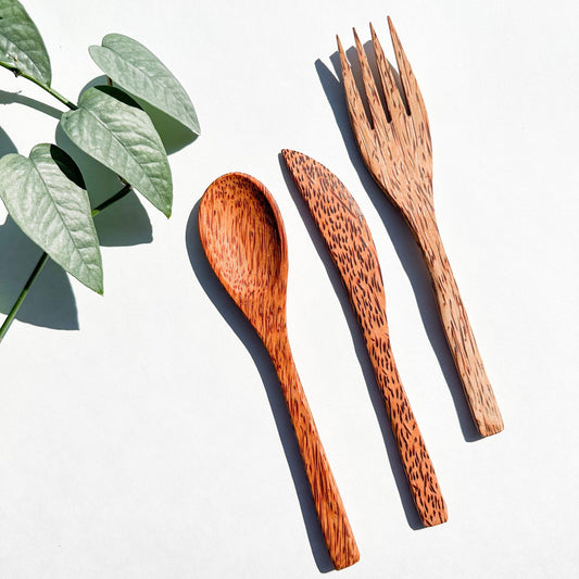 Reusable Natural Coconut Wood Cutlery set - Plastic Free Sustainable Camping Picnics Office & Lunch Box - Zero Waste Biodegradable Flatware
