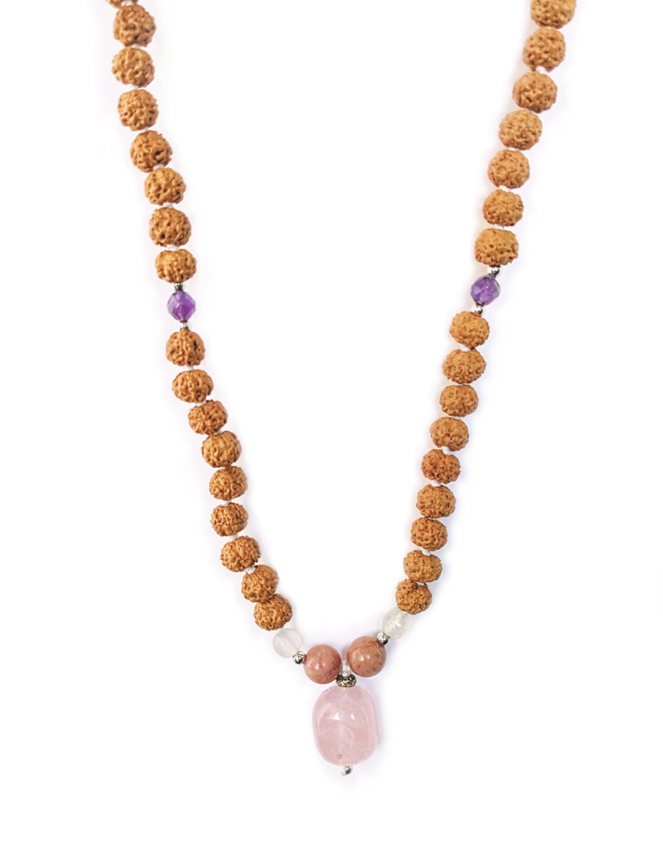 Rose Quartz, Amethyst, Moonstone, Rhodochrosite Stone - Love Mala Necklace-0
