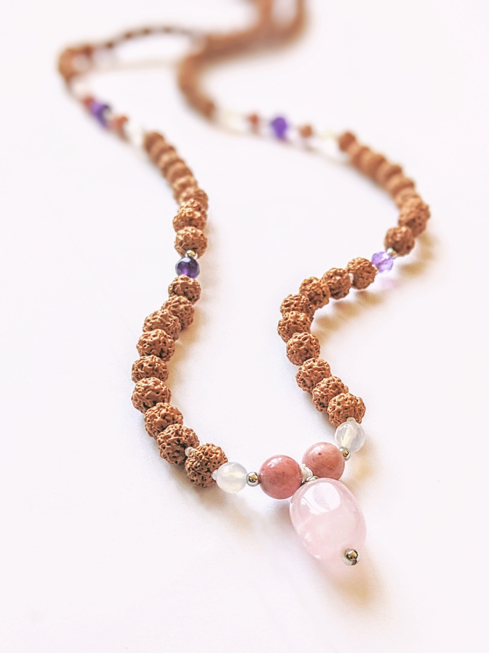 Rose Quartz, Amethyst, Moonstone, Rhodochrosite Stone - Love Mala Necklace-1