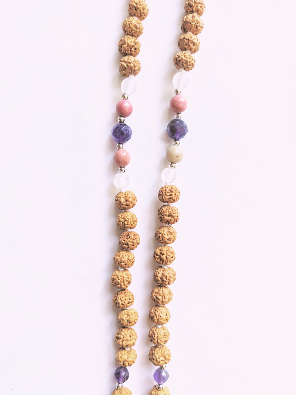 Rose Quartz, Amethyst, Moonstone, Rhodochrosite Stone - Love Mala Necklace-2